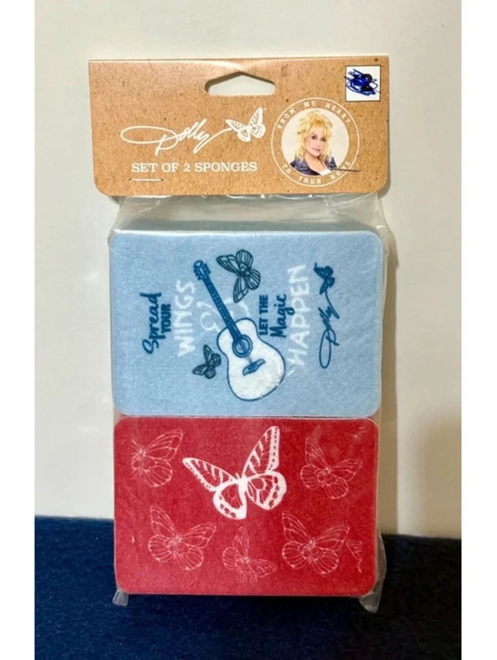 Dolly Parton Sponge 2 Piece Set Blue And Red Butterflies Guitar